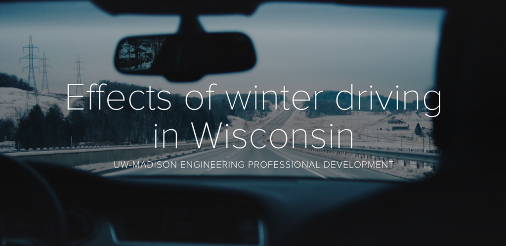 A snowy Wisconsin road showing the challenges and hazards of winter driving conditions.