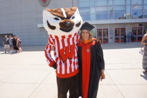 Kathy Leifer with Bucky Badger, the UW-Madison mascot