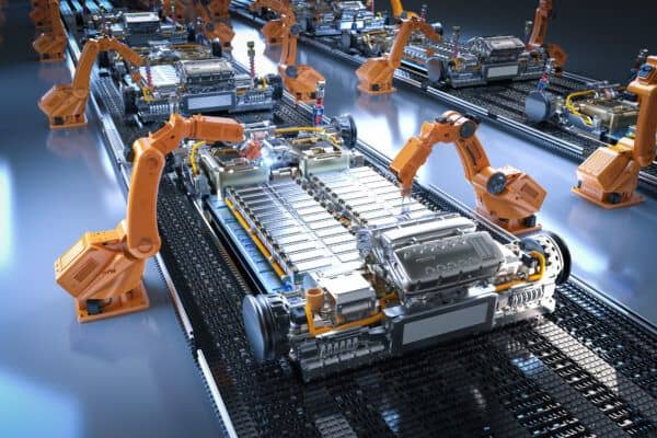 Robot arms assembling parts in an automated manufacturing facility